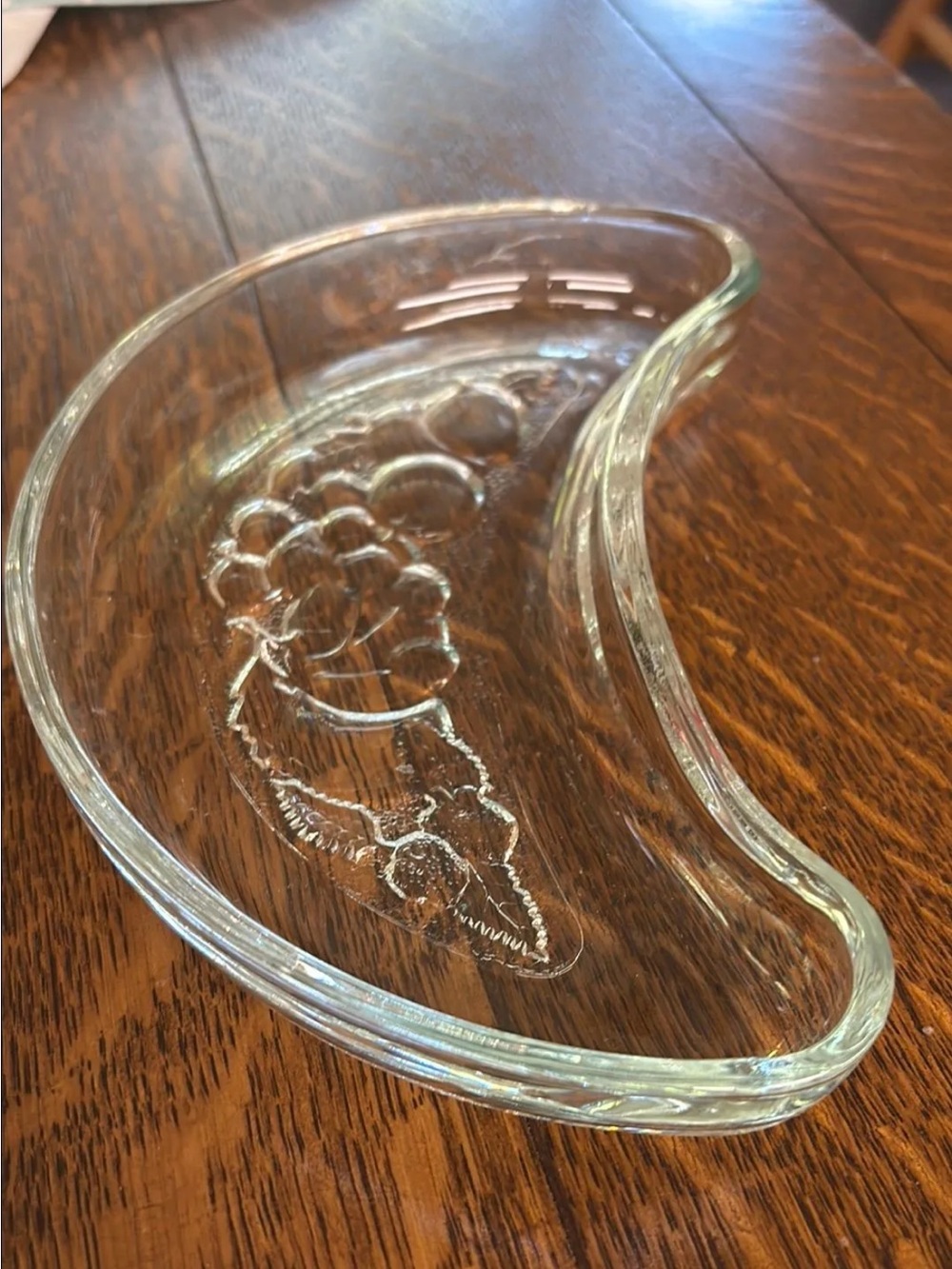 Vintage clear crescent shaped glass side or bone dishe with fruit design